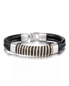 Mens Genuine Leather Braided Wristband Bracelet Stainless Steel Gift Black